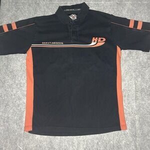 Harley Davidson Mens Medium 2005 Faded Black Polo Tshirt Orange